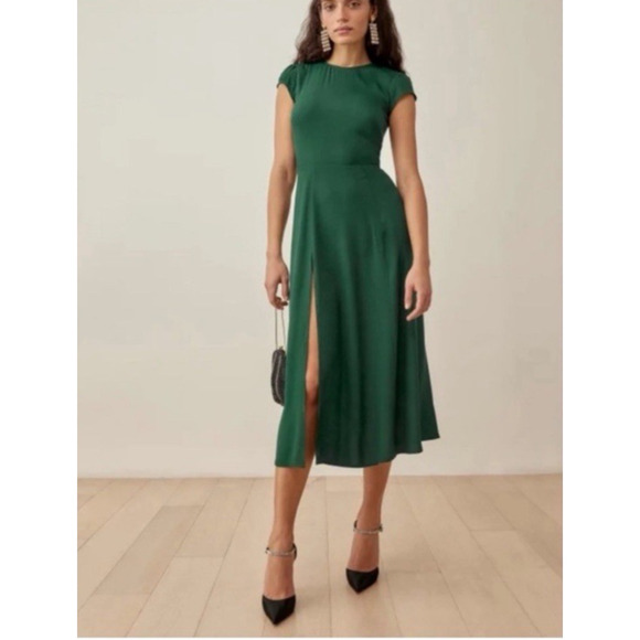 Reformation Emerald Green Gavin Maxi Dress Size 6 Cap Sleeve High Slit Open Back - Picture 6 of 14